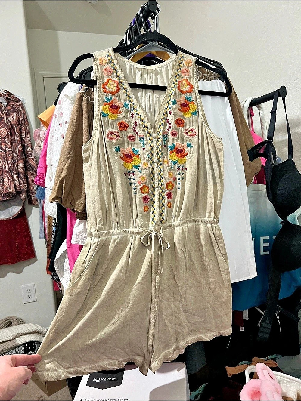 Andrée by UNIT Embroidered Romper in Beige , Khaki, Oatmeal
